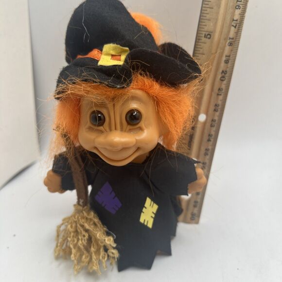 5” Troll Doll Witch Russ Halloween with Hat & Broom Orange - Picture 2 of 2